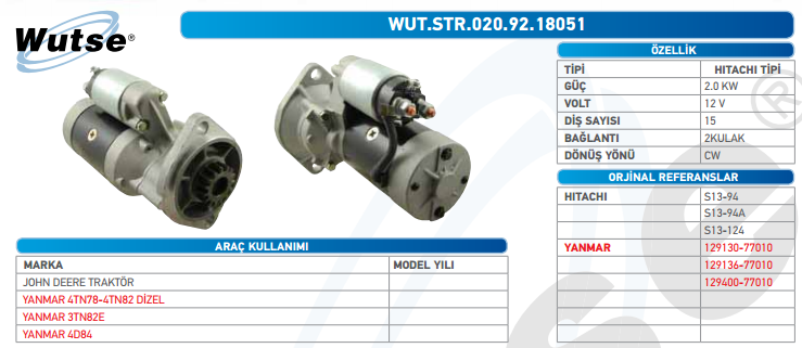 MARŞ MOTORU 12V (HITACHI TİPİ) 2,0KW 15T JOHN DEERE