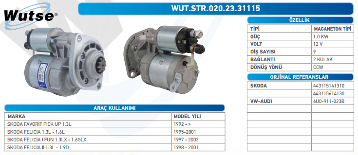 MARŞ MOTORU 12V (MAGNETON TİPİ) 1,2KW 9T SKODA FOVORİT