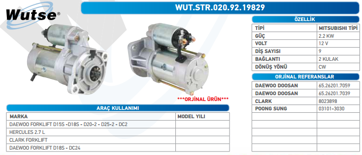 MARŞ MOTORU 12V (MITSUBISHI TİPİ) 9T DAEWOO FORKLİFT-HERCU