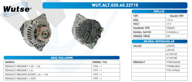 ALTERNATÖR 12V (VALEO TİPİ) 110A MEGANE I 1,4E - 1,6İ 1996