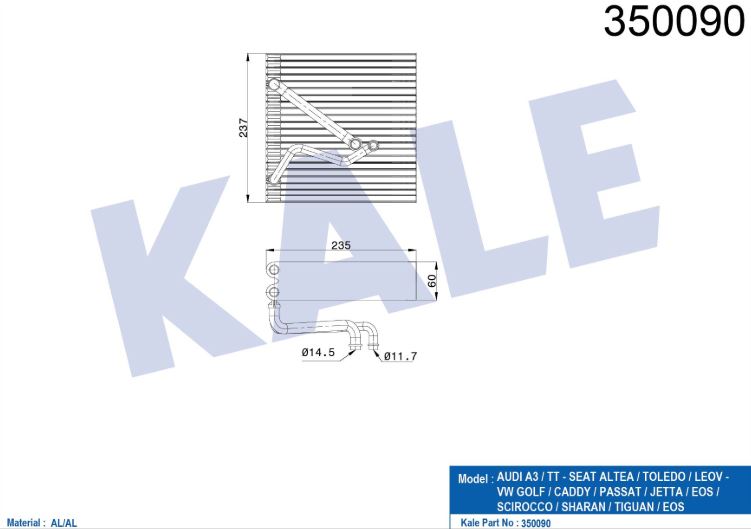 EVAPORATOR (BRAZING) AUDI A3 / SEAT ALTEA / LEON  TOLEDO III 04- / SKODA OCTAVIA / SUPERB II / YETI 04- / VW CADDY III-IV / GOLF V-VI / JETTA III-IV / PASSAT / TIGUAN / TOURAN 05- 1.2TSI /1.4-1.8TFSI / 1.6-2.0TFSI