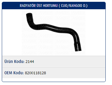 RADYATÖR ÜST HORTUMU RENAULT CLIO II 1.5 K9K / KANGOO 1.5 K9K