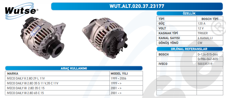 ALTERNATÖR 12V (BOSCH TİPİ) 120A IVECO DAİLY TURBO II 29