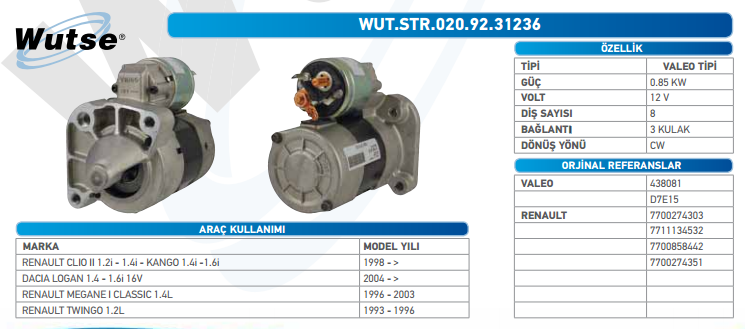 MARŞ MOTORU 12V (VALEO TİPİ) CLİO II 98-05/MGN I