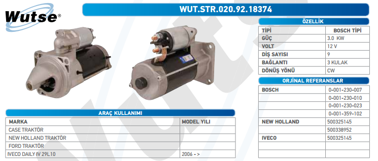 MARŞ MOTORU 12V (BOSCH TİPİ) 3,0KW 9T CASE-NEW HOL