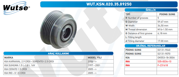 ALTERNATÖR KASNAĞI (POONG SUNG TİPİ) KIA KARNIVAL 2,9 CRDI