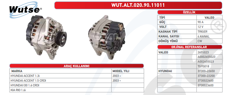 ALTERNATÖR 12V (VALEO TİPİ) 90A HYUNDAI ACCENT 1.3İ - 1.5 CRDI