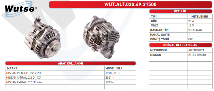 ALTERNATÖR 12V (MITSUBISHI TİPİ) 90A NIS D22 PICK-UP 2.2DI 98-10