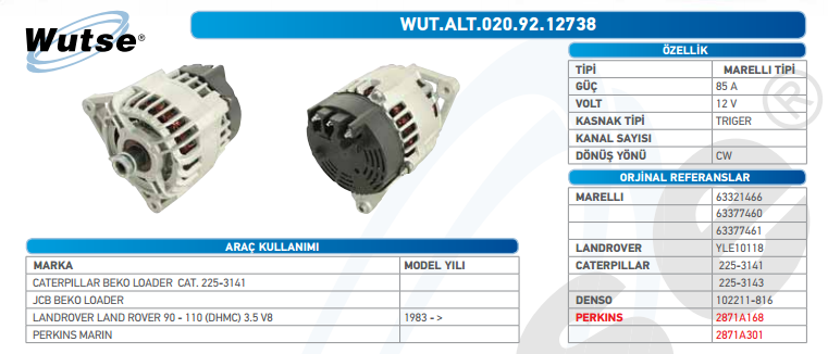 ALTERNATÖR 12V (MARELLİ TİP) 85A CATERPILLAR,JCB,PERKINS MA