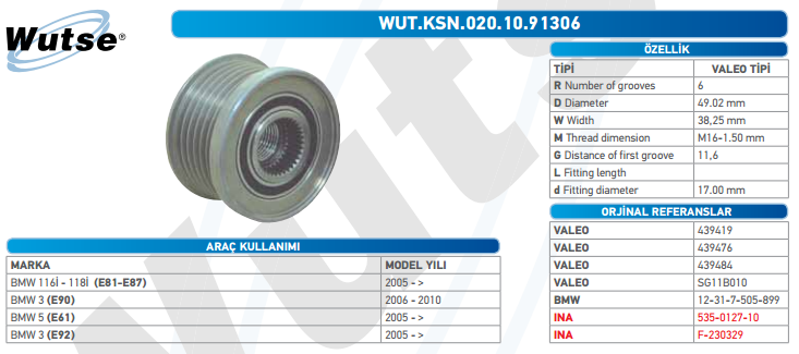 ALTERNATÖR KASNAĞI (VALEO TİPİ) BMW I 116İ-118İ-120İ(81-E87)