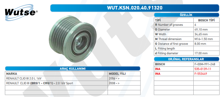 ALTERNATÖR KASNAĞI (BOSCH TİPİ) R.CLİO III 2,0 16V 06-