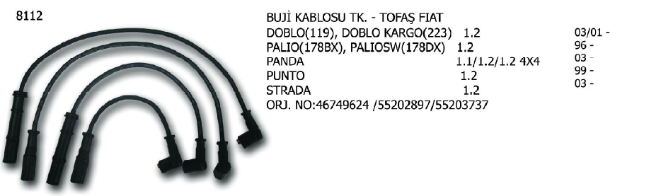 BUJİ KABLOSU TK. FIAT 500 07- / ALBEA 98- / BRAVA 98-00 / BRAVO 98-00 / DOBLO 01- / MAREA 98-02 / PALIO 97-02 / PANDA 03- / PUNTO 93-99 / STRADA 99- / TIPO 93-95 / LANCIA BETA 73-76 / DELTA II 93-99 / PRISMA 83-86