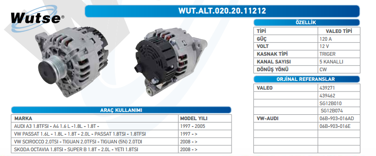 ALTERNATÖR 12V (VALEO TİPİ) 120A VW PASSAT 1.6L-1.8L-1,8T