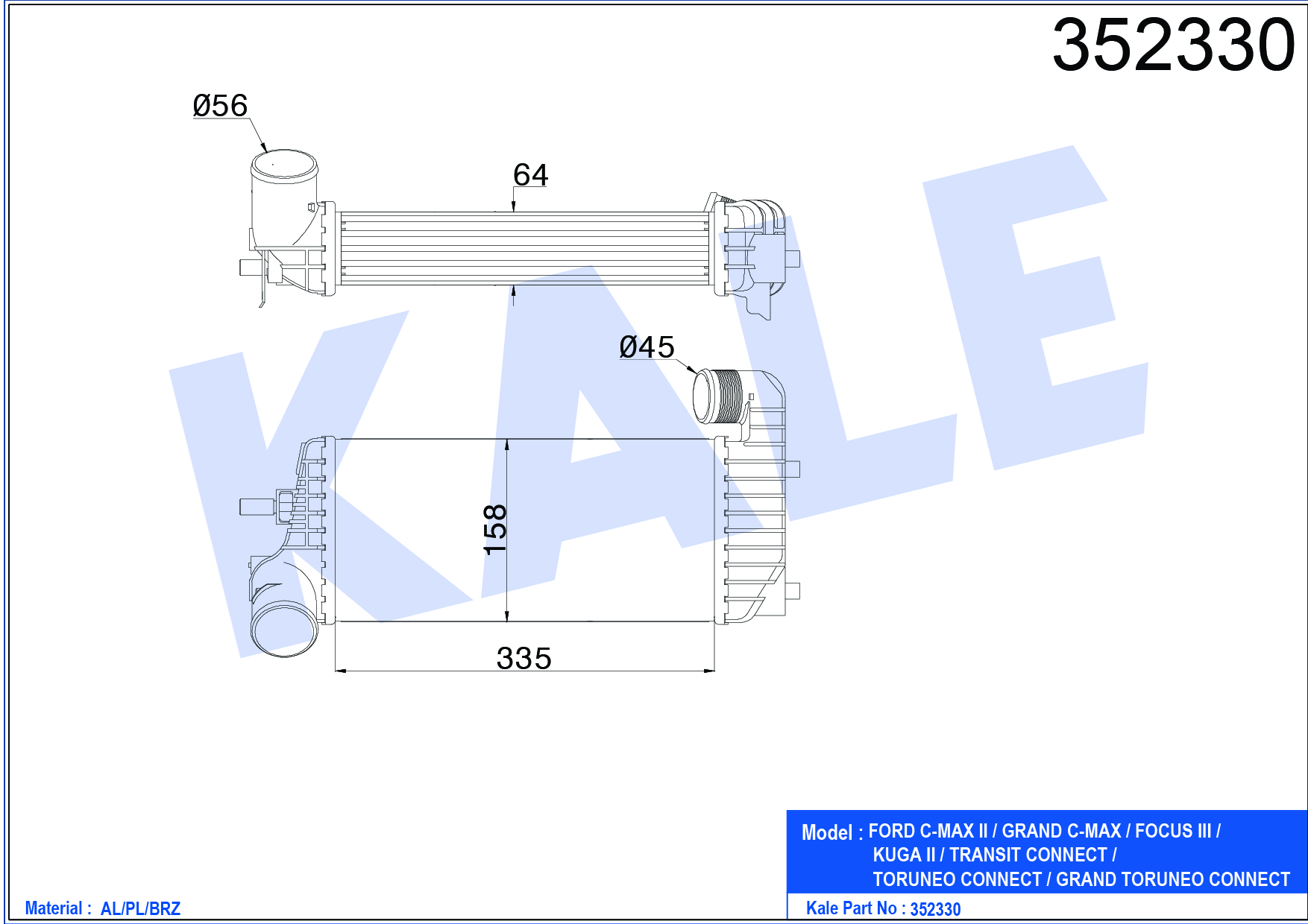 INTERCOOLER (BRAZING) FORD C-MAX II / GRAND C-MAX / FOCUS III / KUGA II / TRANSIT CONNECT / TOURNEO CONNECT / GRAND TOURNEO CONNECT 1.5 TDCI 11=>