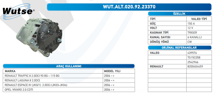 ALTERNATÖR 12V (VALEO TİPİ) 150A OPEL VIVARO 2,0CDT