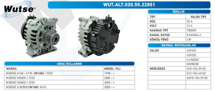 ALTERNATÖR 12V (VALEO TİPİ) 90A M.BENZ A-SERISI (W168)