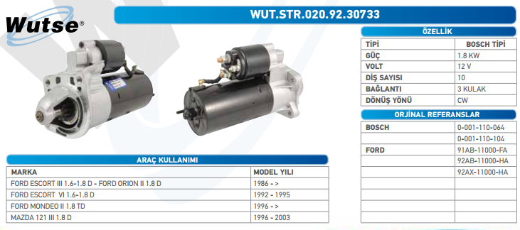 MARŞ MOTORU 12V (BOSCH TİPİ) F.ESCORT 1,8TD-F.FOCUS