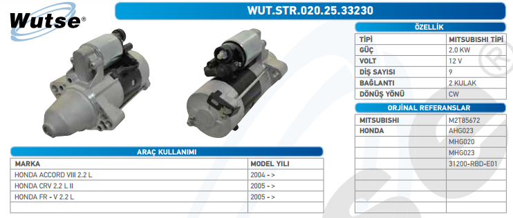 MARŞ MOTORU 12V (MITSUBISHI TİPİ) 2.0 KW 9T HONDA