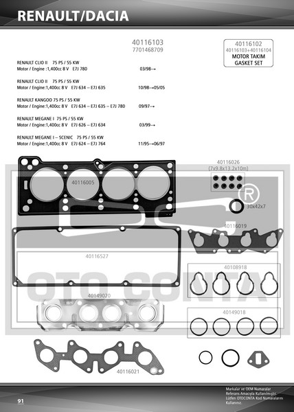 ÜST TAKIM CONTASI (SUBAP LASTİKLİ) RENAULT CLIO II 1.4 / KANGOO 1.4