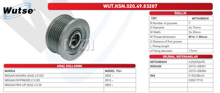 ALTERNATÖR KASNAĞI (E.NO:83291) NISSAN NAVARA (D40) 2,5DCI (MITSUBISHI TİPİ)