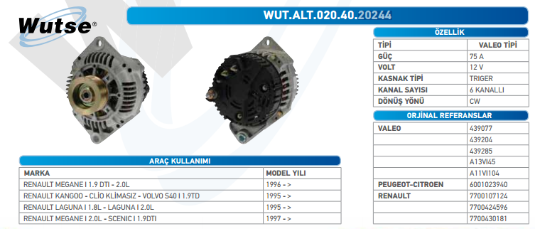 ALTERNATÖR 12V 75A MEGANE I KLIMASIZ 1,9D-2,0İ -KANGO