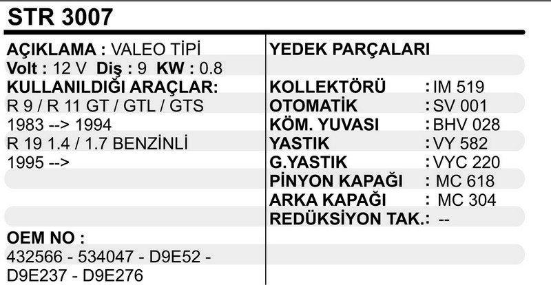 MARŞ MOTORU (VALEO TİPİ) RENAULT R9 / R11 / R21 (D9E)