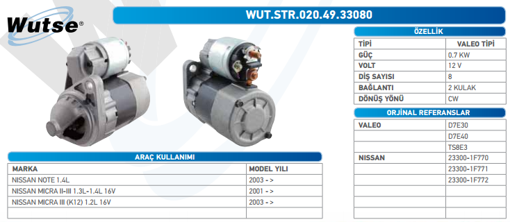 MARŞ MOTORU 12V (VALEO TİPİ) NISSAN MİCRA III 1.3