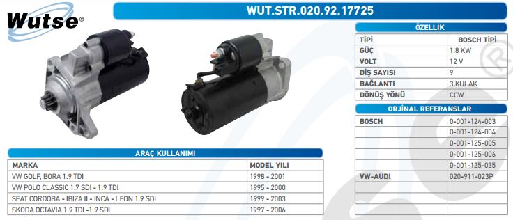 MARŞ MOTORU 12V (BOSCH TİPİ) 1,8 KW 9T VW GOLF