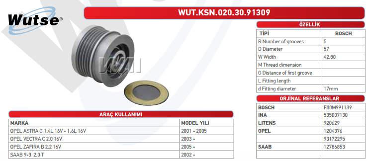 ALTERNATÖR KASNAĞI (BOSCH TİPİ) OPEL VECTRA C 2.0L - SAAB 9 1.8