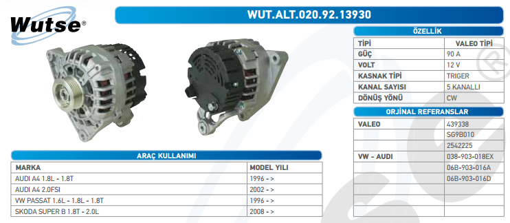 ALTERNATÖR 12V 90A VWAGEN PASSAT 1.8L - 1.8T 1996