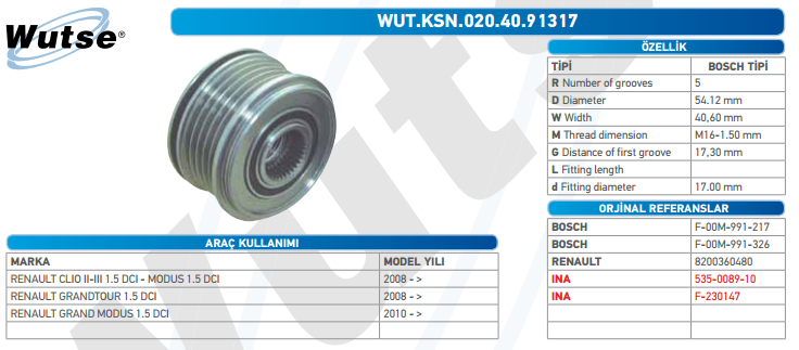 ALTERNATÖR KASNAĞI (BOSCH TİPİ) R.CLIO II-III 1.5/MODUS 1,5