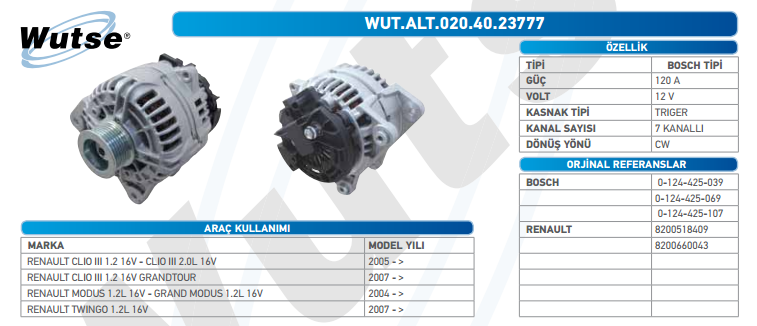 ALTERNATÖR 12V (BOSCH TİPİ) 120A REN CLIO III/MODUS/TW