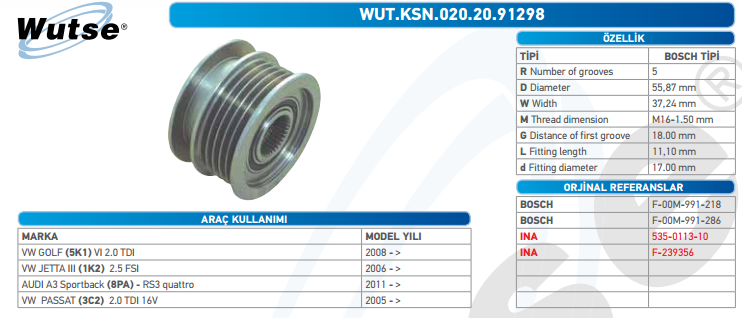 ALTERNATÖR KASNAĞI (BOSCH TİPİ) VW GOLF VI 2.0 08-/JETTA III 06