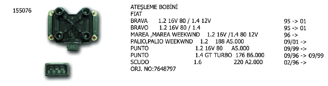 ATEŞLEME BOBİNİ FIAT BRAVA 1.4 95-01 / BRAVO 95-01 / FIORINO 94-01 / MAREA 98-02 / PUNTO 94-99 / TEMPRA 1.6 92-96 / KIA SPORTAGE 94-03 / PEUGEOT EXPERT 1.6 96- / CITROEN XSARA 1.8 98-00