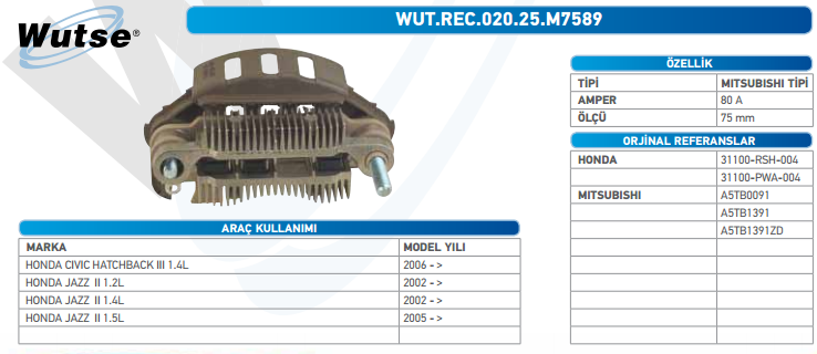 DİOT TABLASI (MITSUBISHI TİPİ) 80A CIVIC VIII 1.4 06-/JAZZ