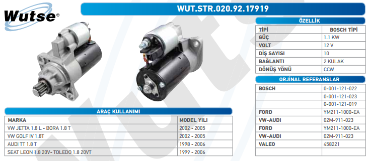 MARŞ MOTORU 12V (BOSCH TİPİ) 1,1 KW 10T VW JETTA