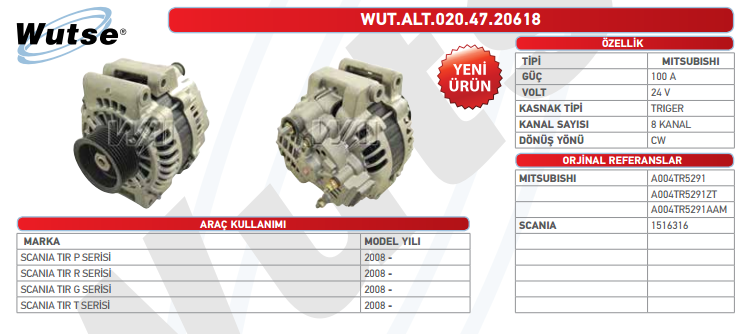 ALTERNATÖR 24V (MITSUBISHI TİPİ) 100ASCANIA TIR 00-12