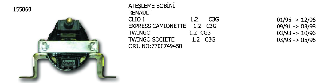 ATEŞLEME BOBİNİ RENAULT R19 1.4 92-95 / 1.8 92-95 / CLIO 1.2 96-98 / TWINGO 1.2 96 (ORJ.NO:7700749450)