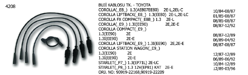 BUJİ KABLOSU TK. TOYOTA COROLLA