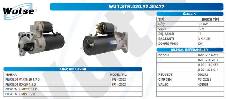 MARŞ MOTORU 12V (BOSCH TİPİ) P.PARTNER 1.9 98-02