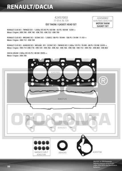 ÜST TAKIM CONTASI (TEFLON)(SUBAP LASTİKLİ) RENAULT MEGANE II 1.5 DCİ / KANGOO 1.5 DCİ / CLIO II 1.5 DCİ 05-