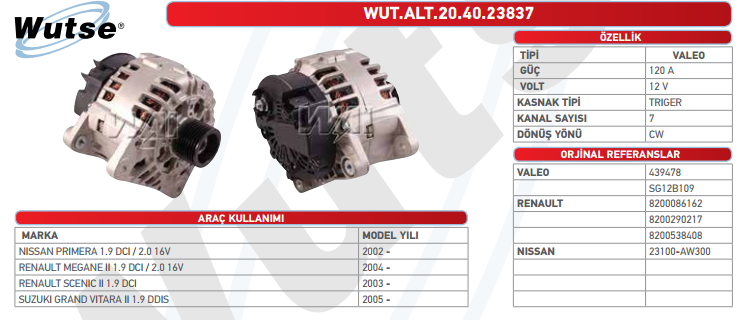 ALTERNATÖR 12V (VALEO TİPİ) 120A RENAULT CLIO /MEGAN