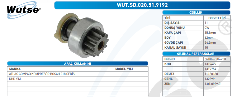 MARŞ DİŞLİSİ (BOSCH TİPİ) 11T ATLAS COPCO KOMPRESÖR-KHD Y.M