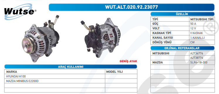 ALTERNATÖR 12V (MITSUBISHI TİPİ) 50A HY H100 GENİŞ AYAK