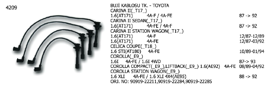 BUJİ KABLOSU TK. TOYOTA CARINA 87-92 / CELICA 89-93 / COROLLA 87-92 / PASEO 96-99