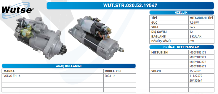 MARŞ MOTORU 24V (MITSUBISHI TİPİ) 7,0KW 12T VOLVO FH 16