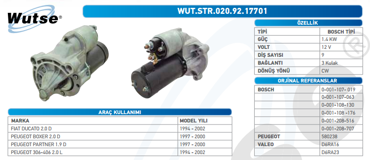 MARŞ MOTORU 12V (BOSCH TİPİ) DUCATO 2.0/BOXER 2.0