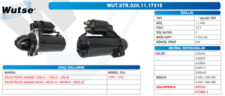 MARŞ MOTORU 12V (VALEO TİPİ) 1,1KV 9T VOLVO-PENTA MARIN