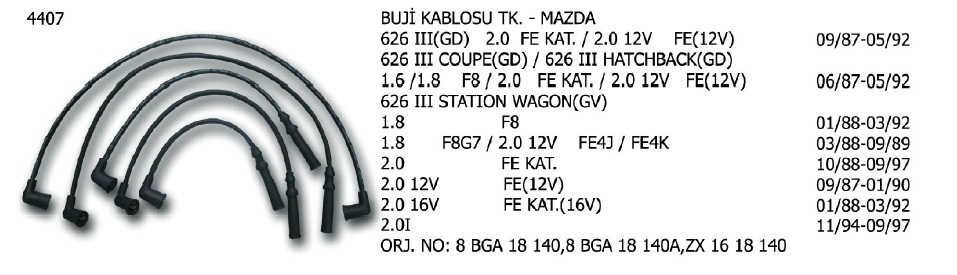 BUJİ KABLOSU TK. MAZDA 626 1.6 87-92 / 1.8 87-92 / 2 87-90 / 2.0 87-92 / 2.2 88-96 / TOYOTA LAND CRUISER 88-96 /