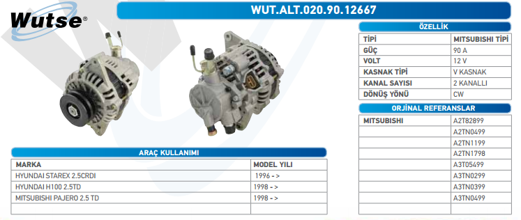 ALTERNATÖR 12V (MITSUBISHI TİPİ) 90A HYUNDAI STAREX